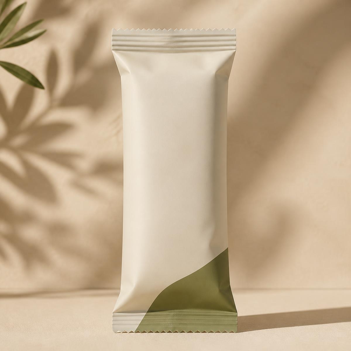 Conceptual Nourish KSA protein bar wrapper — functional nutrition concept for Saudi Arabia on a soft sand-coloured background